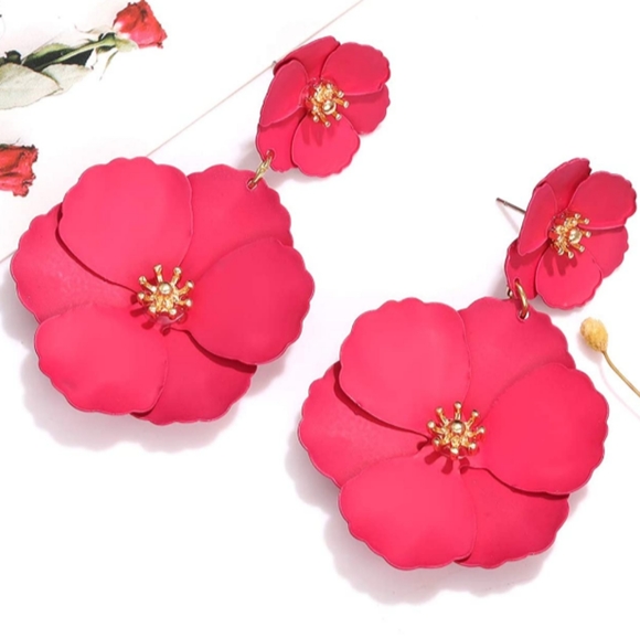 Dark Rose Pink Double Flower Earrings 2.5" Big Floral Statement Jewelry Flowers - Picture 3 of 8